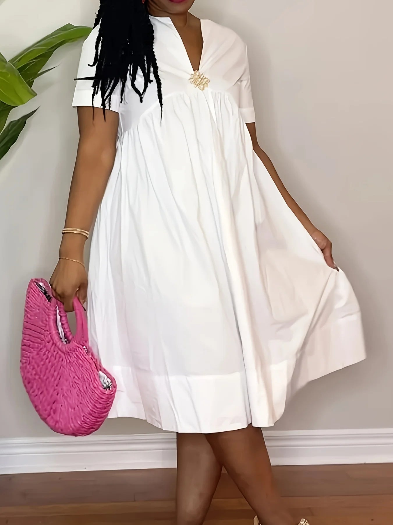 Casual Short Sleeve V Neck A Line Shirt Dress Polyester