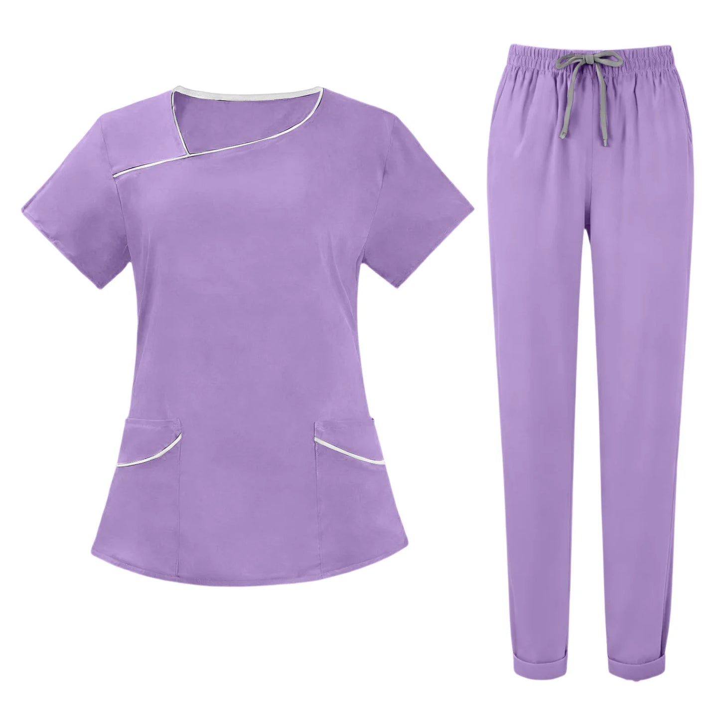 Women's Nurse Scrub Set Asymmetric Neck Short Sleeve Multi-Color Contrast Pocket Long Pants Medical Cozy Professional Workwear