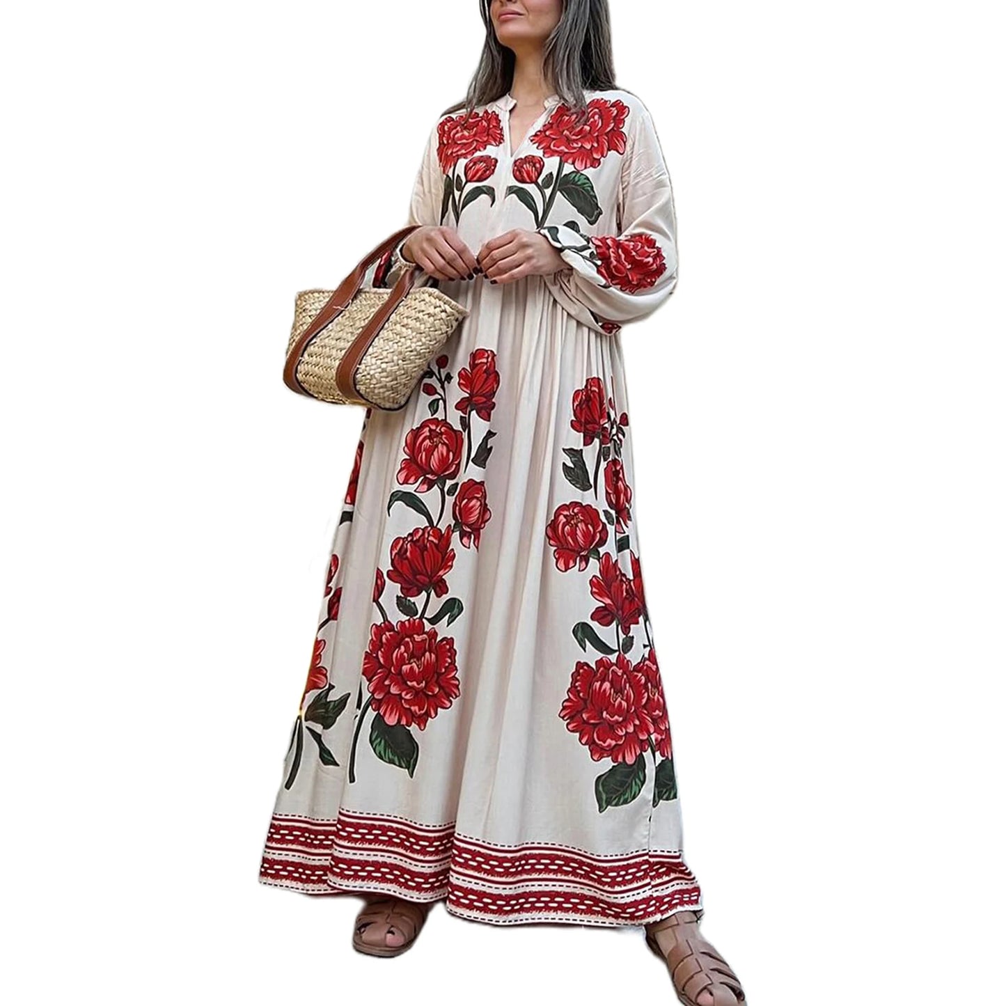 Women s Elegant Floral Print V-Neck Long Sleeve Maxi Dress for Casual Fall Style