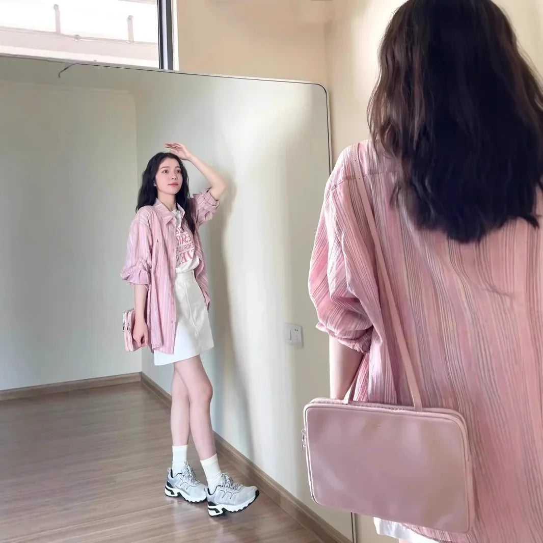 Pink Striped Women's Shirt Thin New Style Summer Sun Protection