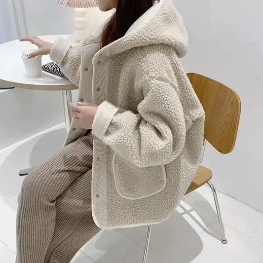 Ladies Winter Thickened Lamb Fur Jacket Hooded Coat Korean Style Loose Casual