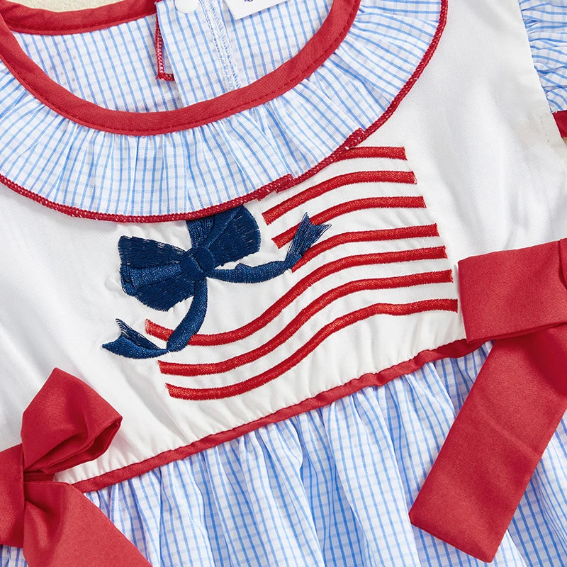 Independence Day Toddler Girl Dress with Plaid Bows and American Flag