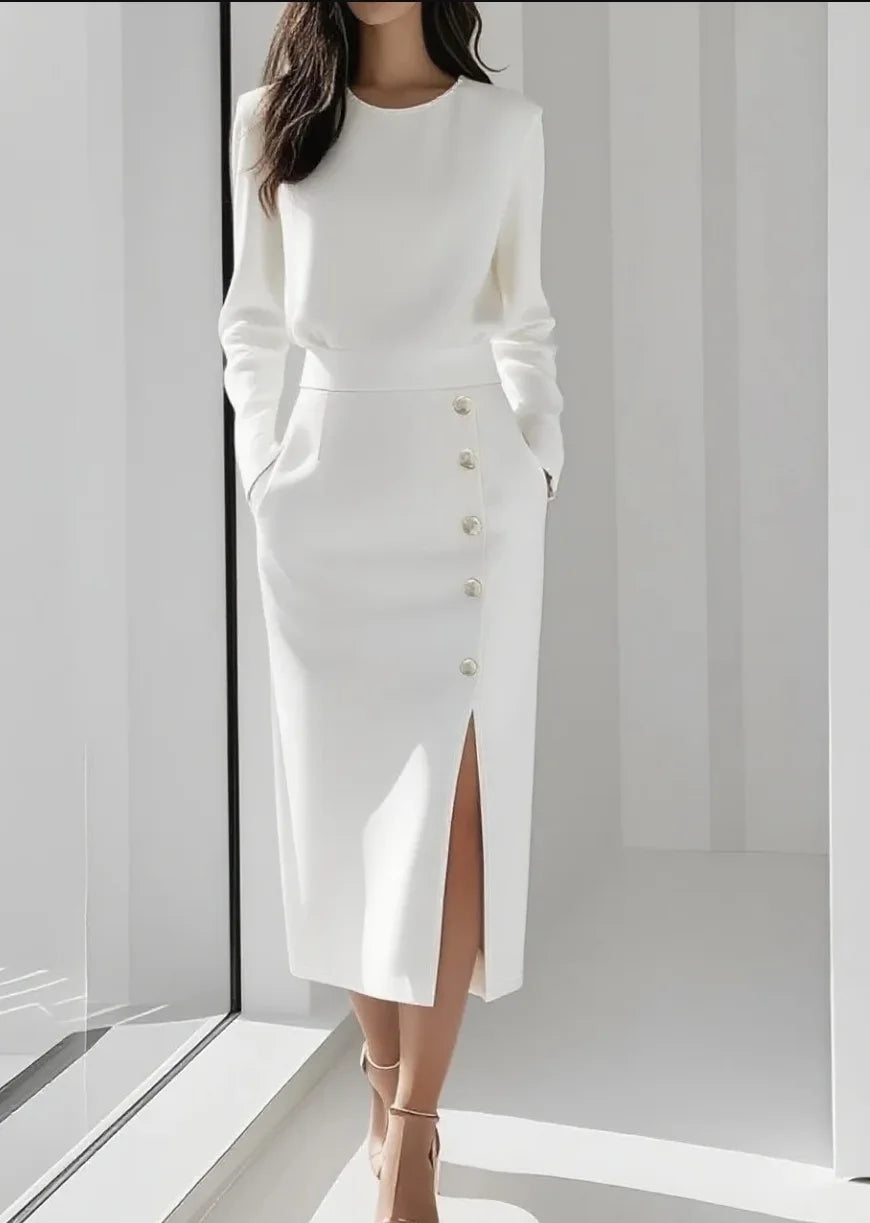 Solid Color Long Sleeves Pocket Button Decorated Slit Midi Dress