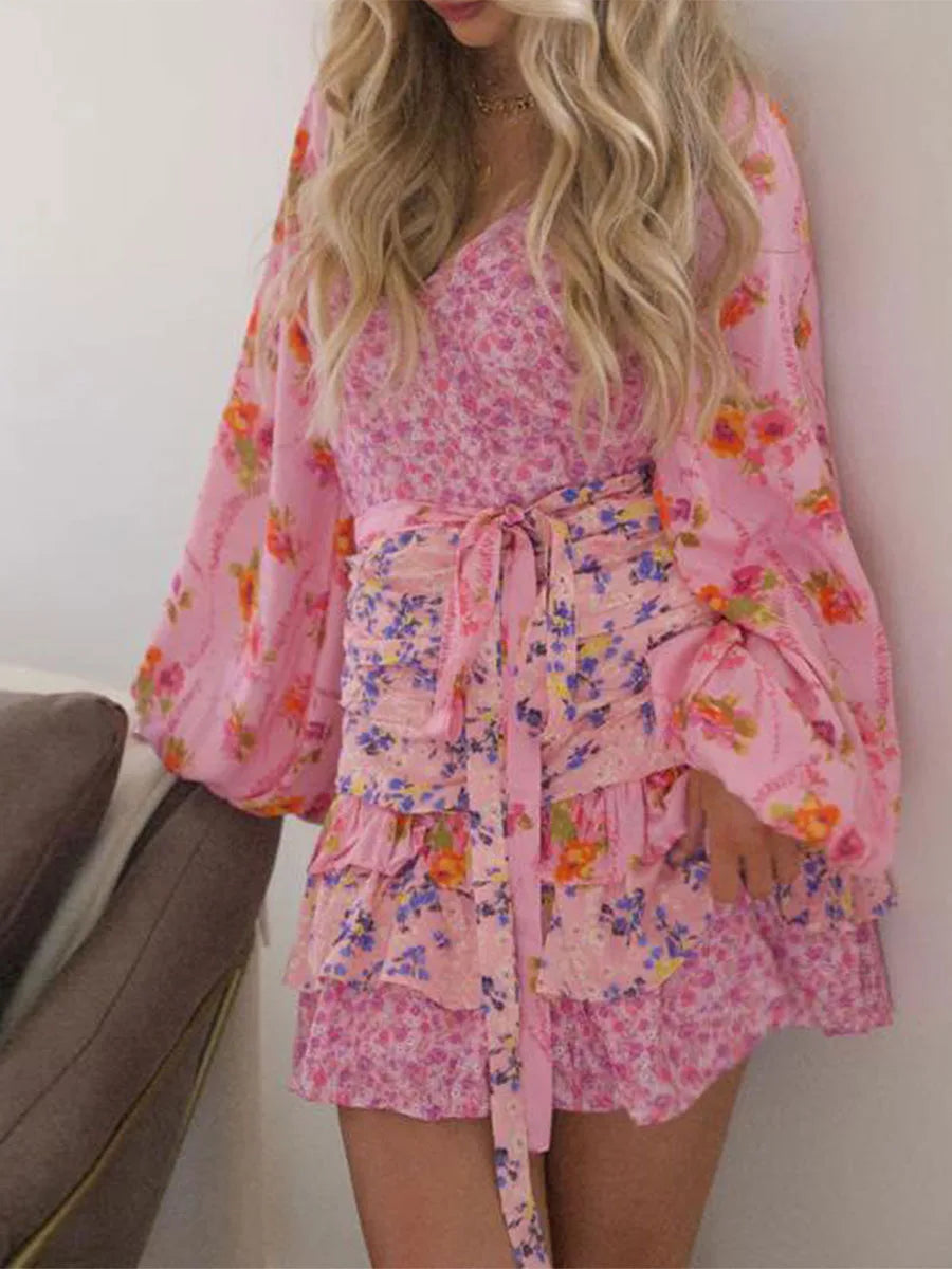 Women Long Sleeve Floral Dress Layered Ruffle V Neck Party Mini Dress