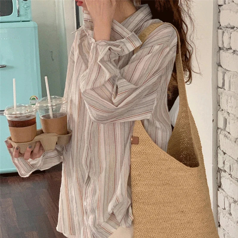 MEXZT Vintage Striped Shirts Women Korean Fashion Simple Long Sleeve