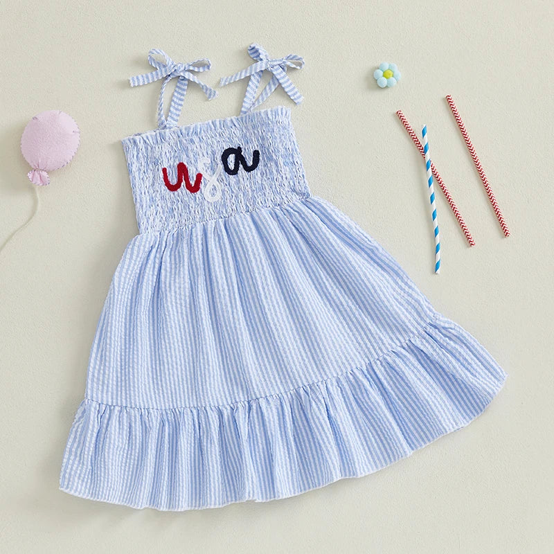 Cute Baby Girl Sleeveless Dress with Adjustable Spaghetti Straps Embroidered Letters
