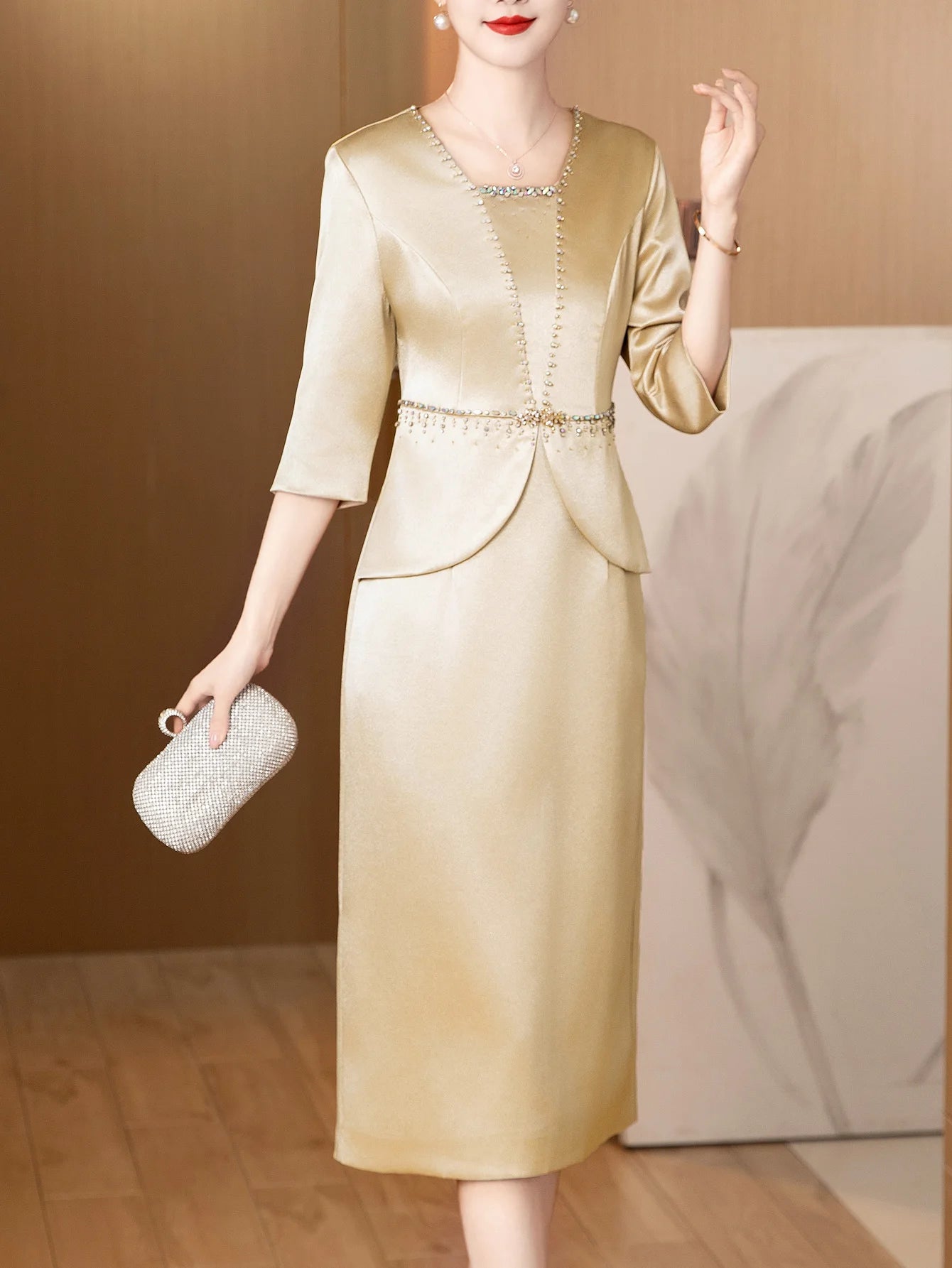Elegant champagne dress wedding banquet three-quarter sleeve dress for women