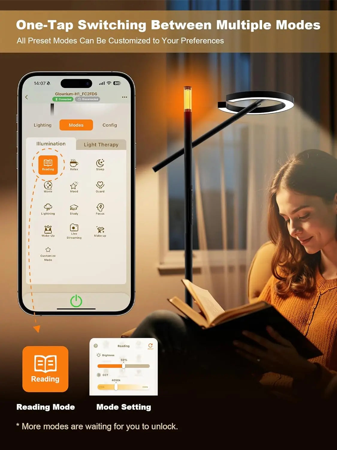 Smart Light Therapy Lamp 10000 Lux UV-Free Dimmable Floor Lamp