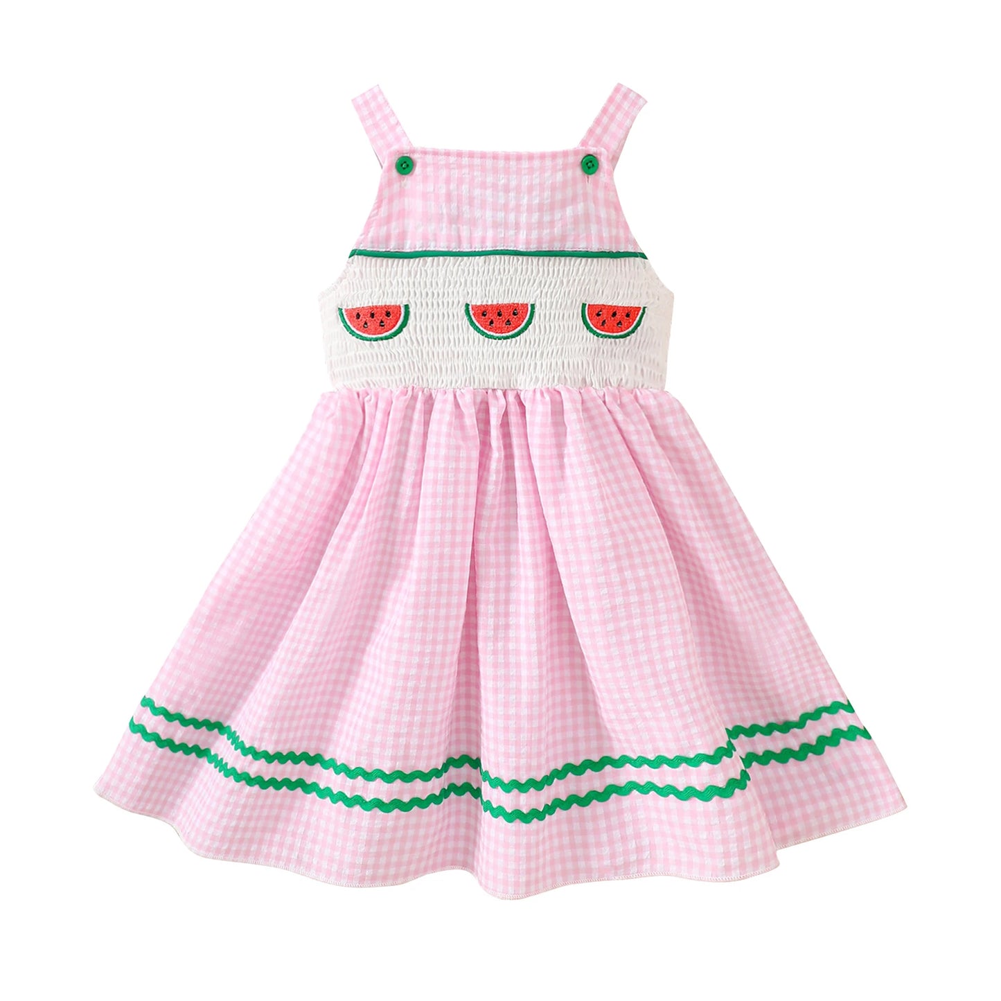 Girls Sleeveless Watermelon Embroidered Plaid Dress with Ric-Rac Trim -