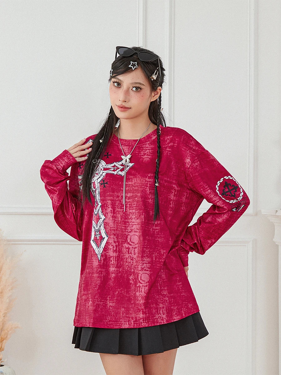 Women's Vintage Gothic Graphic Loose Long Sleeve Round Neck Top
