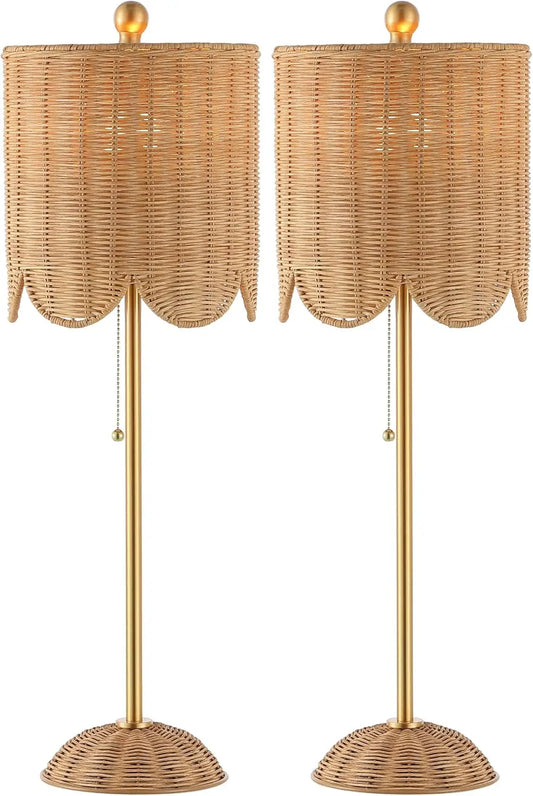 Coastal Bohemian Rattan and Iron Scalloped LED Table Lamps