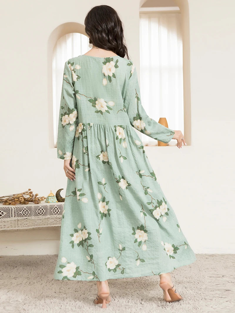 Casual Round Neck Floral Print Wrinkle Spliced Long Dress Mint Green,