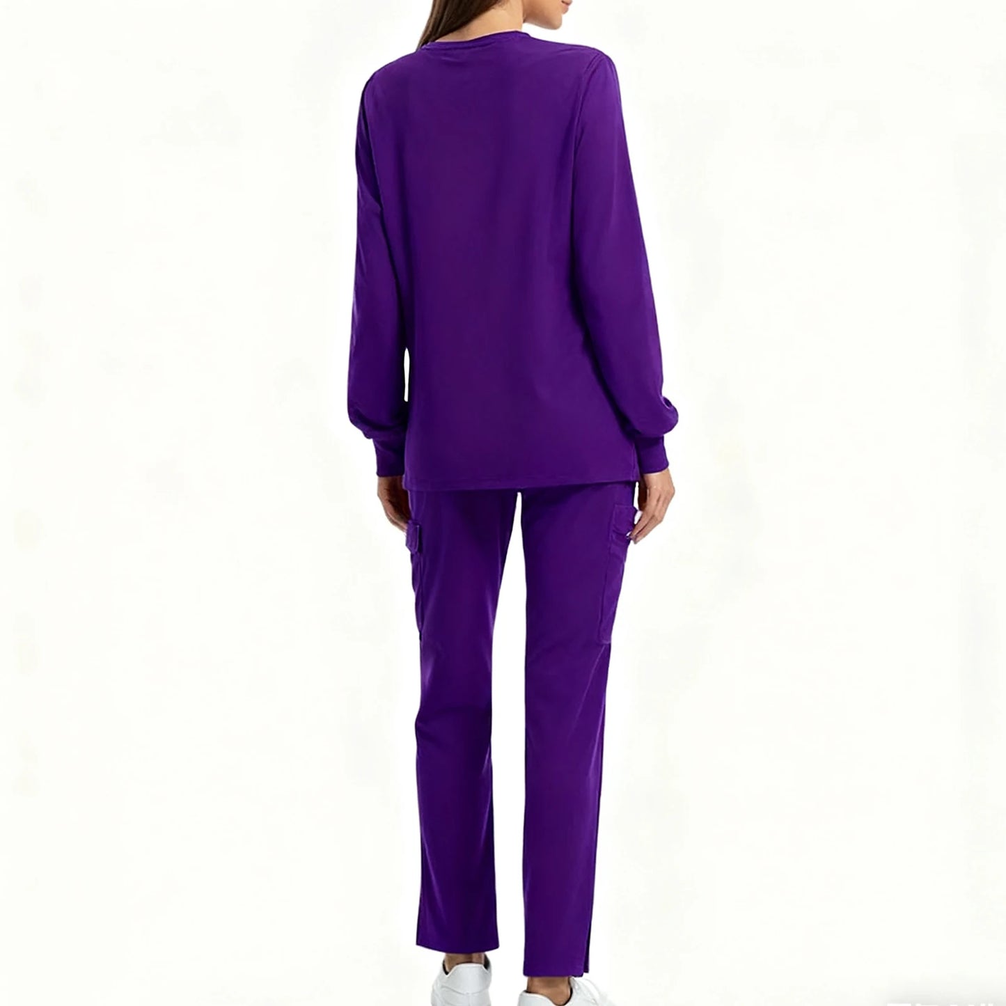 Women's Nurse Scrub Set Round Neck Long Sleeve Multi-Color Split Hem Pants Multi-Pocket