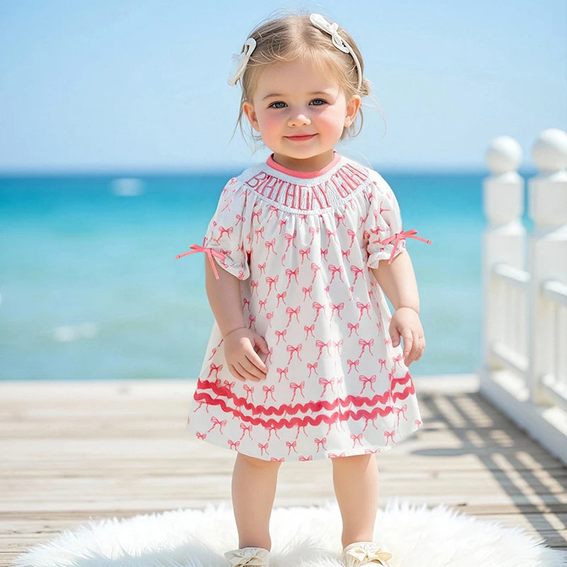 Toddler Girl Birthday Dress with Puff Sleeves and Embroidered Letters Smocked