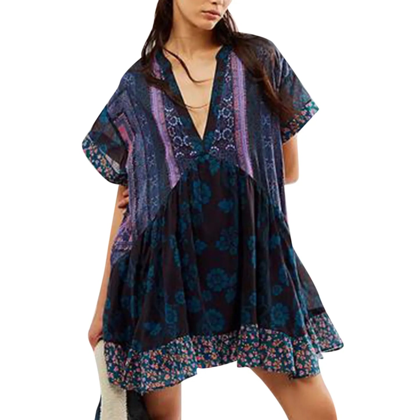 Women Boho Beach Mini Dress 2024 Summer V Neck Short Sleeve