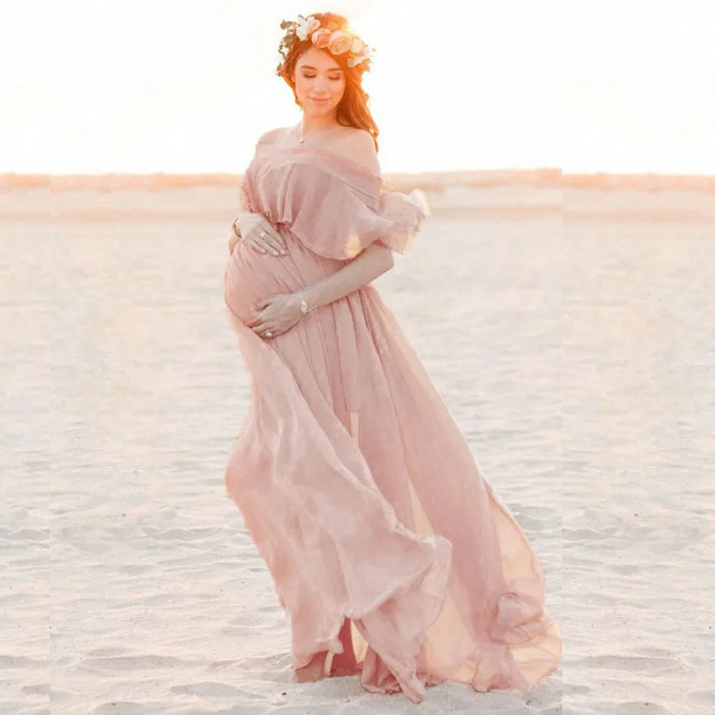 Maternity Dress Women Solid Color Short Sleeve Ruffles Maternities Party  Outfits