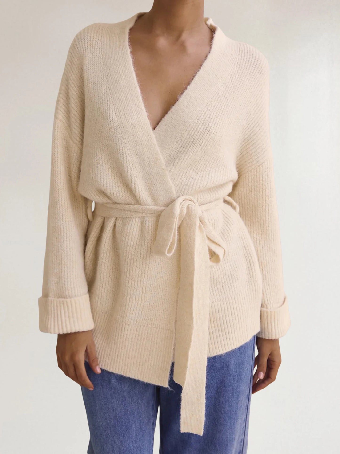 Women Open Front Belted Cardigan Long Sleeve V Neck Sweater