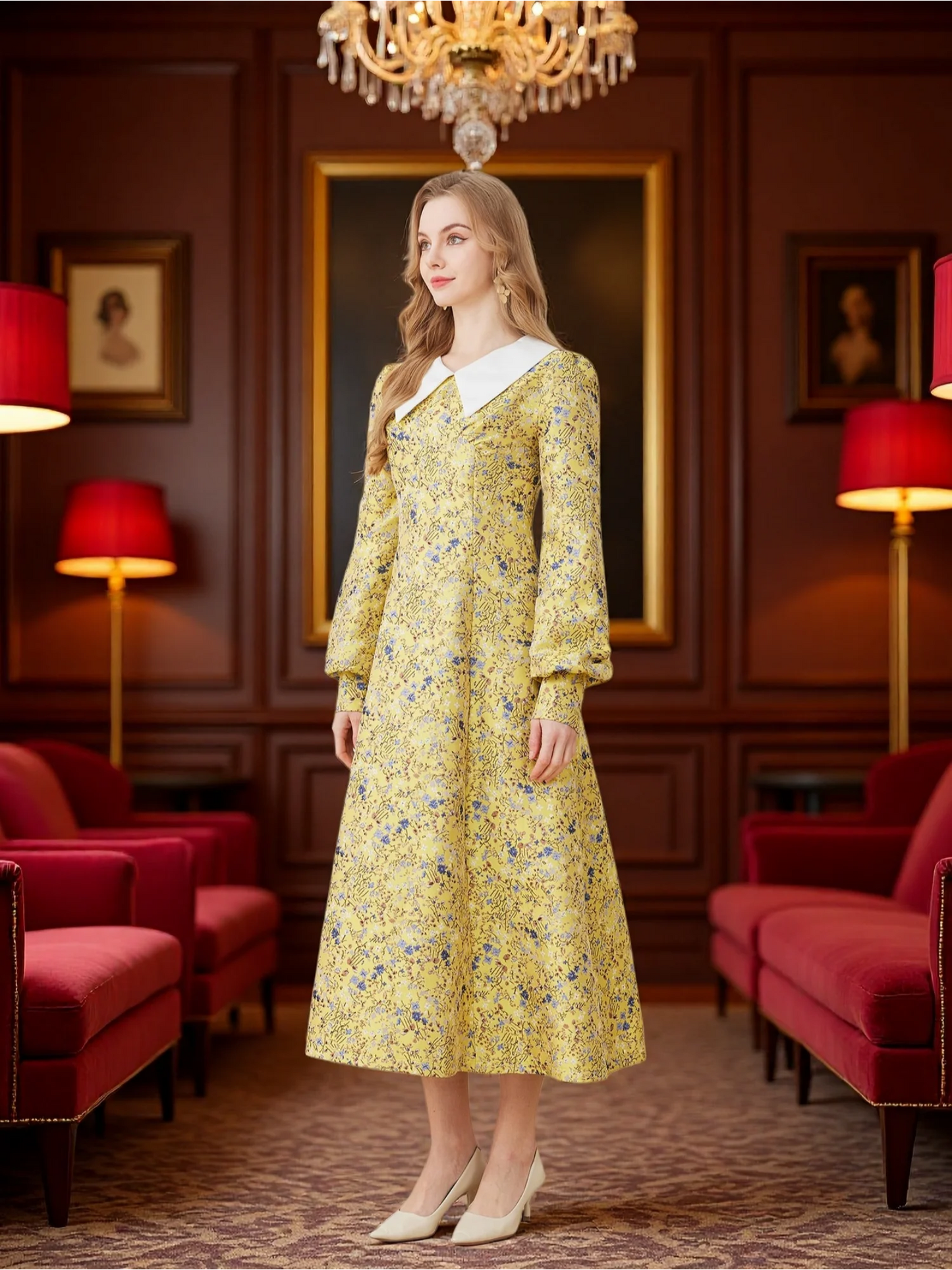 Elegant Women Party Maxi Dress Floral Jacquard A-Line