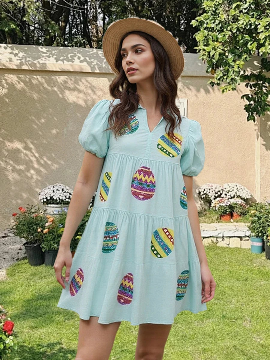 Women s Casual Loose Fit Mini Dress with Short Puff Sleeves and Round Neckline