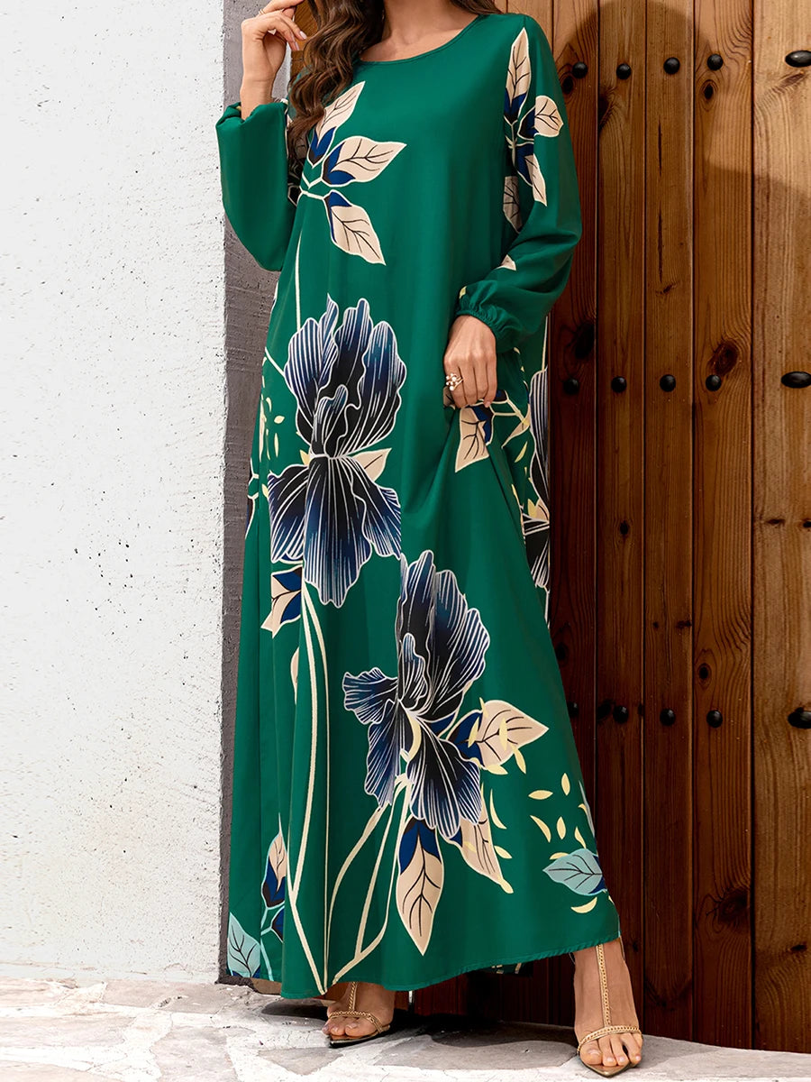 Elegant Floral Print Maxi Dress with Flowy Silhouette and Long Sleeves
