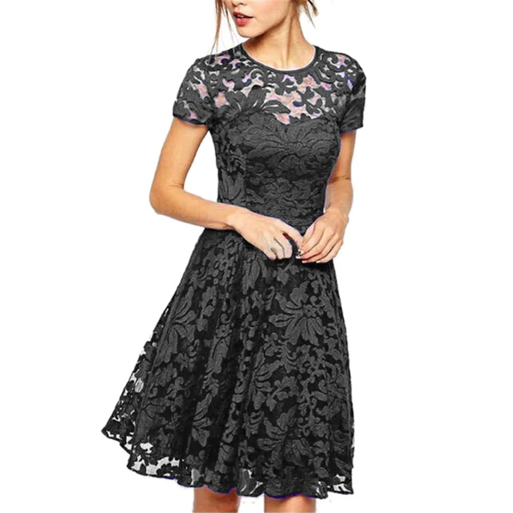 Women Summer Dress See-through Hollow Out Lace Short Sleeves
