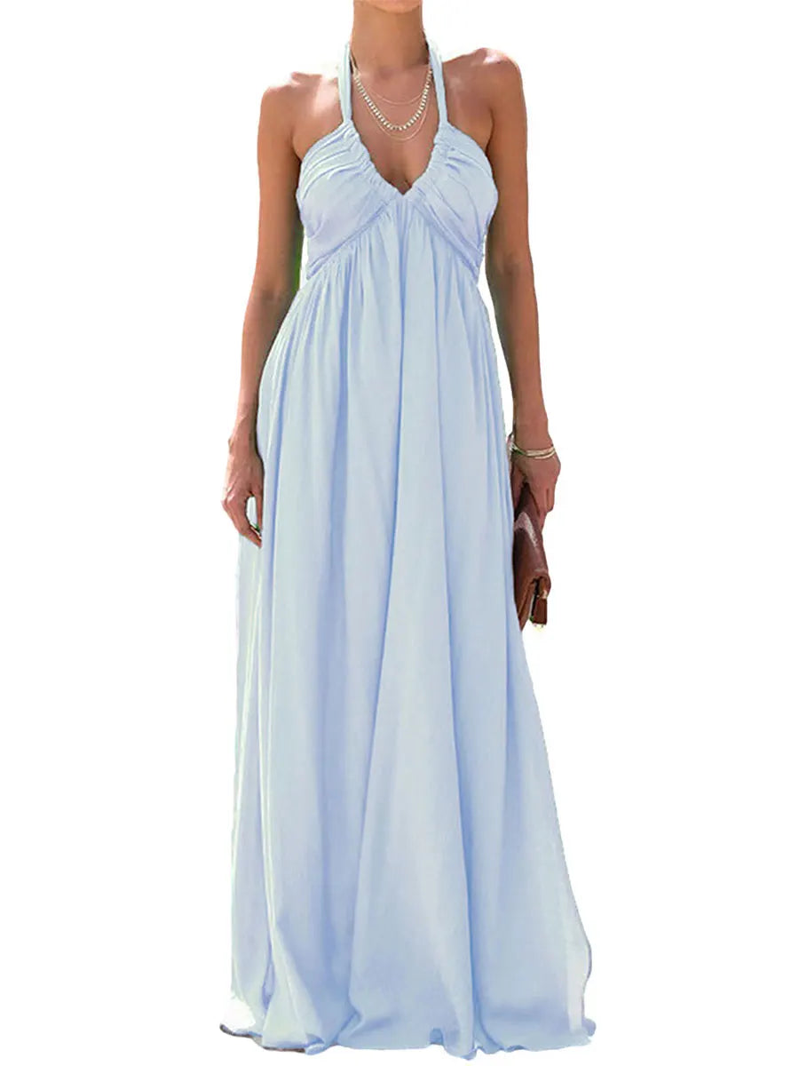 Women Summer Casual Long Dress Solid Color Tie-Up Halter Neck Sleeveless