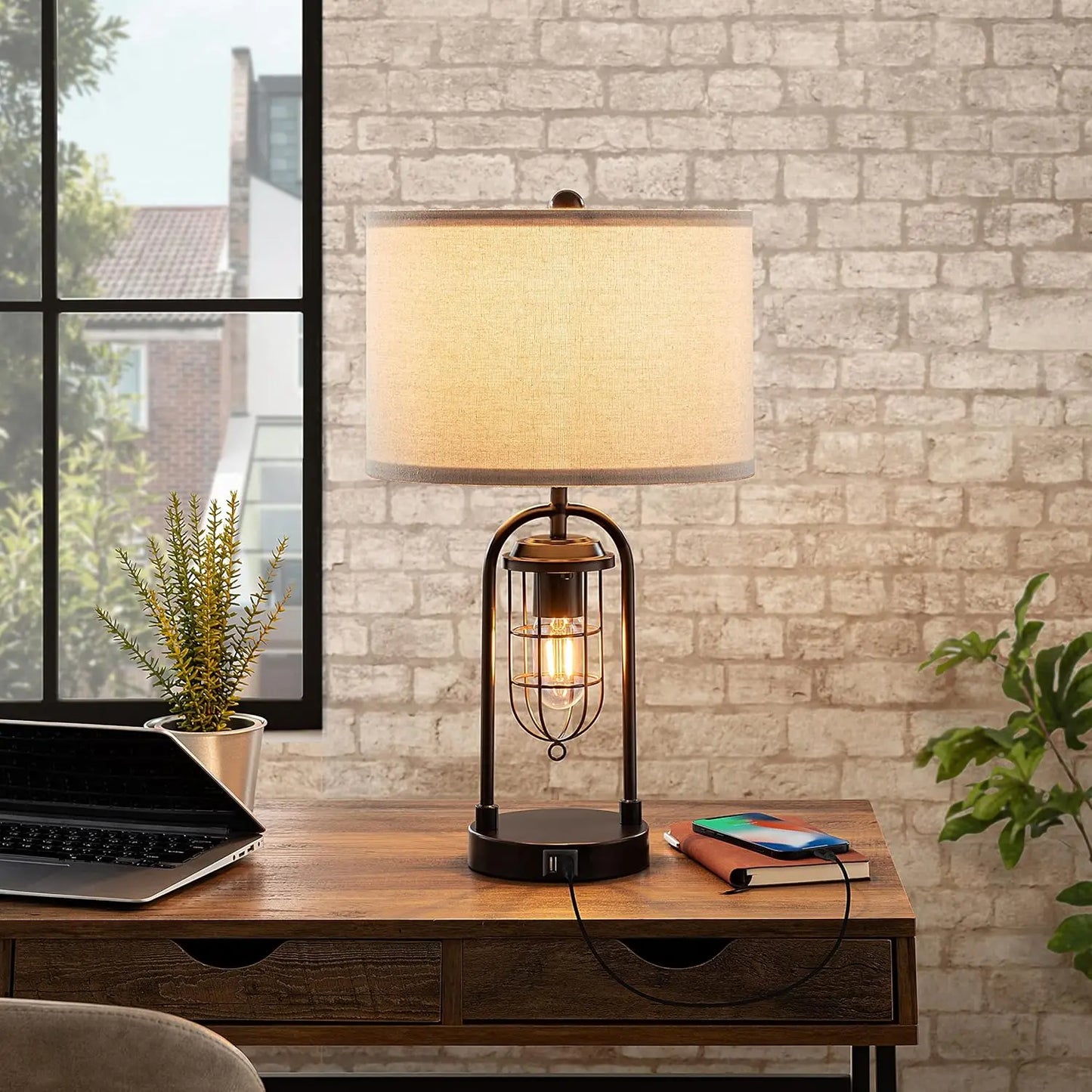 Set Of 2 Contemporary USB Table Lamps With Night Light