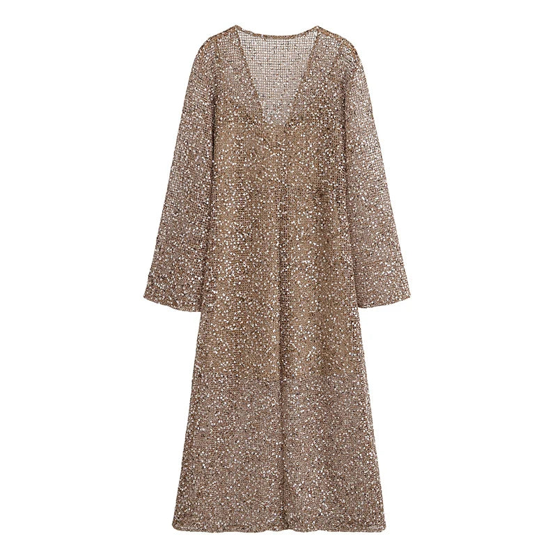 Sexy Sequined Long Pleated Dress Women Deep V-neck Full Sleeve See Through Dresses  ﻿