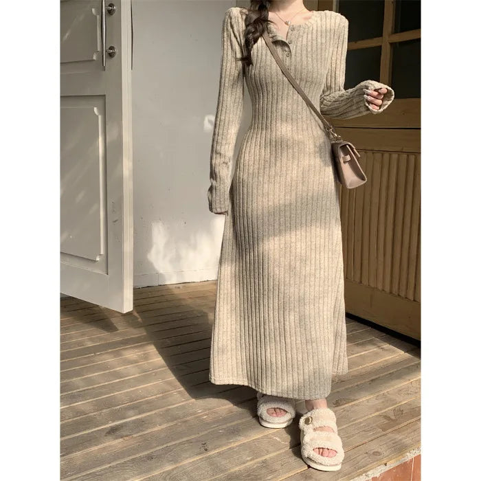 French Style Long Sleeve Knitted Dress Cinched Waist A Line