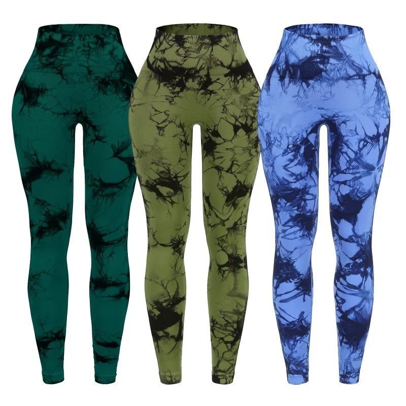 3 Piece Workout Leggings Sets for Women High Waisted Tie Dye Gym Scrunch Butt Lifting Seamless Yoga Leggings Athletic Pants