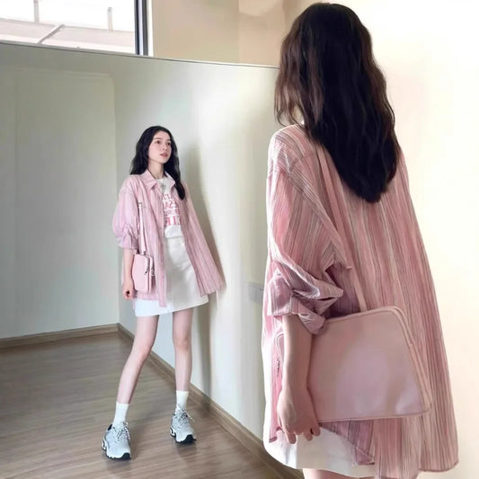 Pink Striped Women's Shirt Thin New Style Summer Sun Protection
