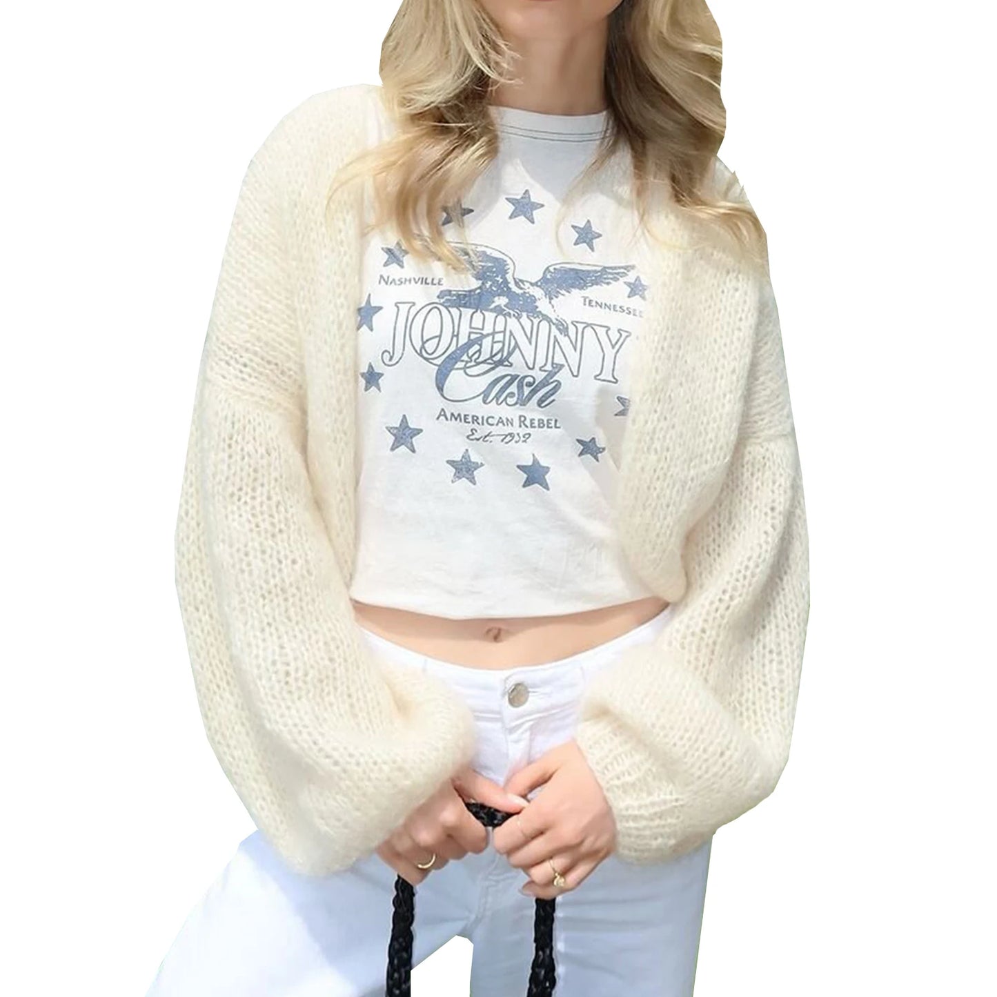 Knit Cardigan Open Front Long Puff Sleeve Women Jacket