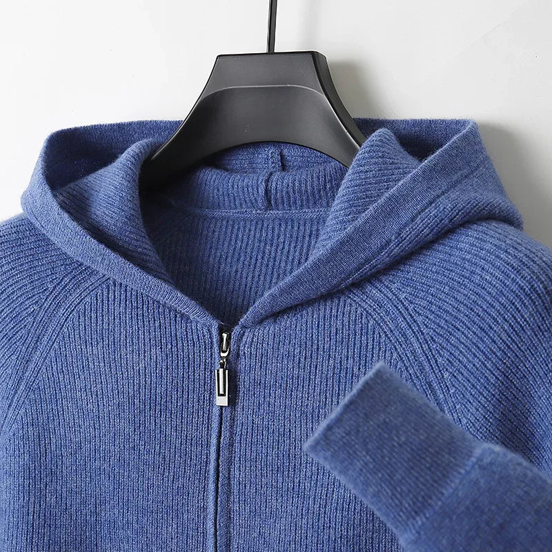 Merino Wool Hooded Zipper Cardigan For Men In Autumn Winter