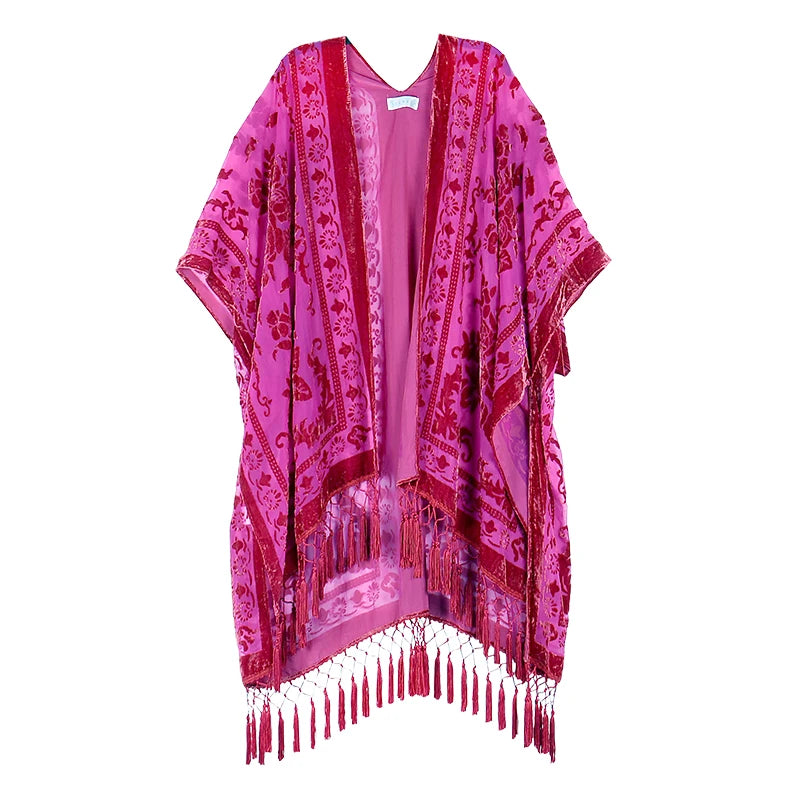 WeHello Women's Burnout Velvet Kimono Long Cardigan Cover Up with Tassel