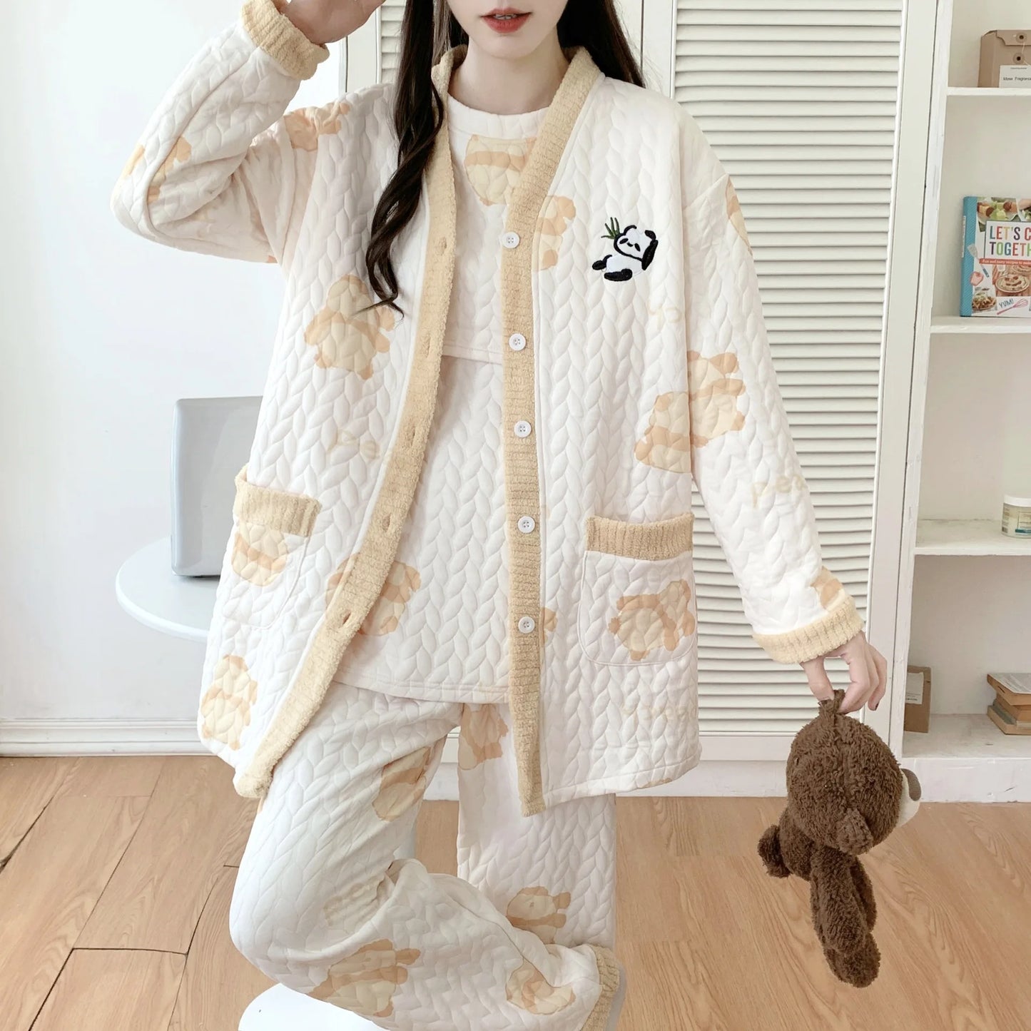 Autumn Winter Fashion Maternity Pajamas Cotton Jacket Pants And Breast Feeding Three Pieces