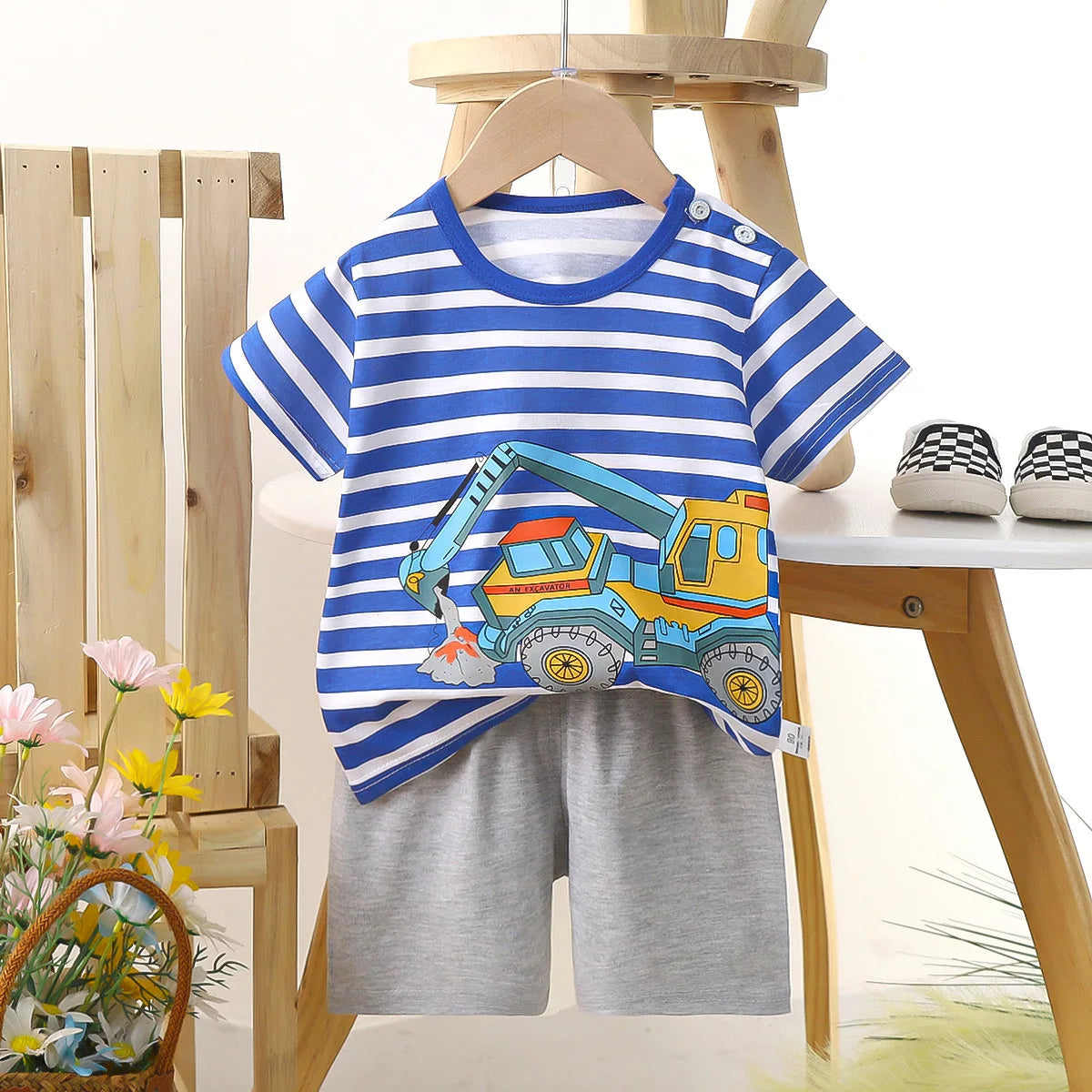 Pure Cotton Kids Cartoon Clothing Summer Short Sleeve Suits Boys Girls T-Shirts+Short
