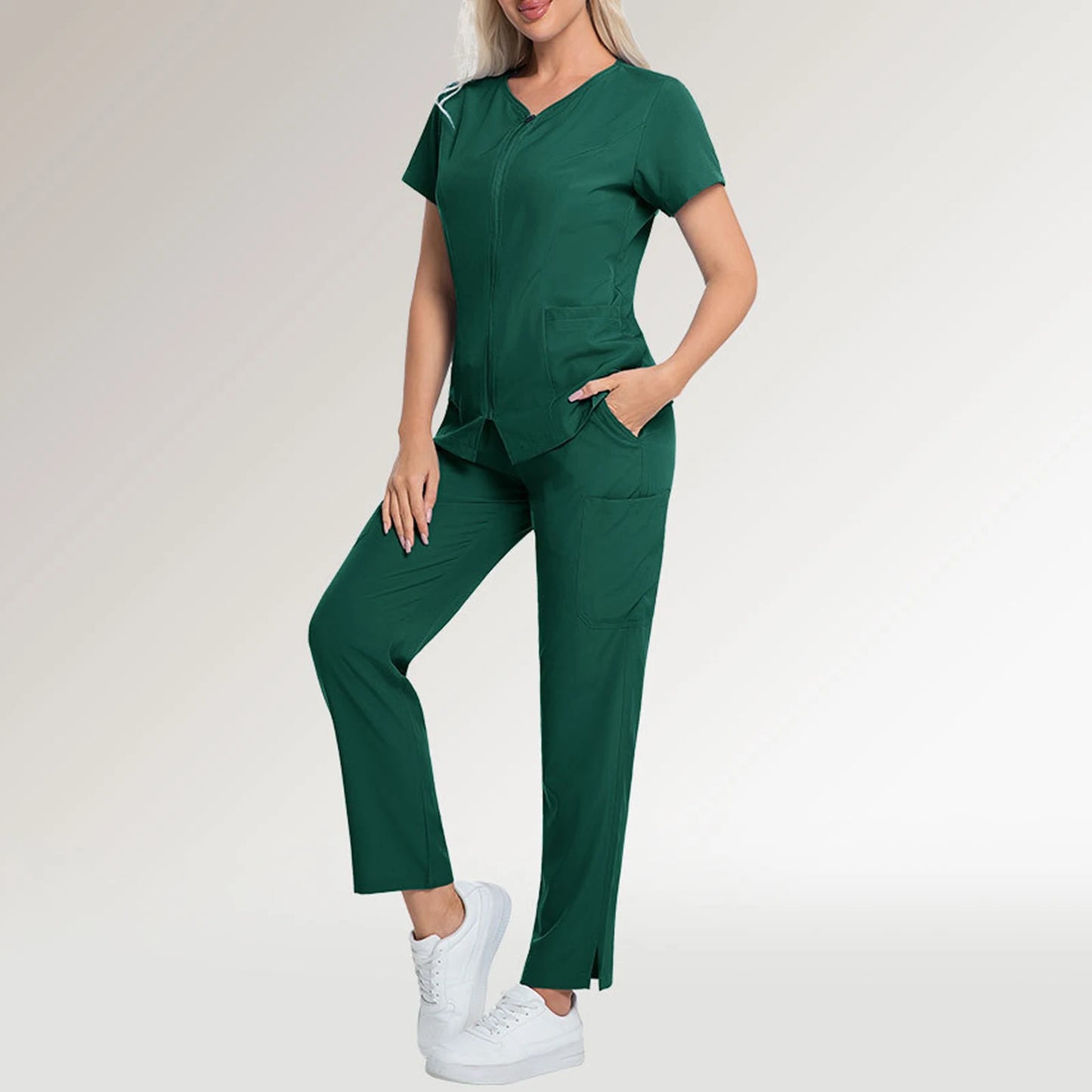 Scrub Set V-Neck Short Sleeve Zipper Multi-Pocket Solid Color Medical Uniform