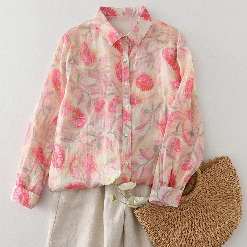 Women Cotton Linen Floral French Artistic Print Shirt Top For Autumn