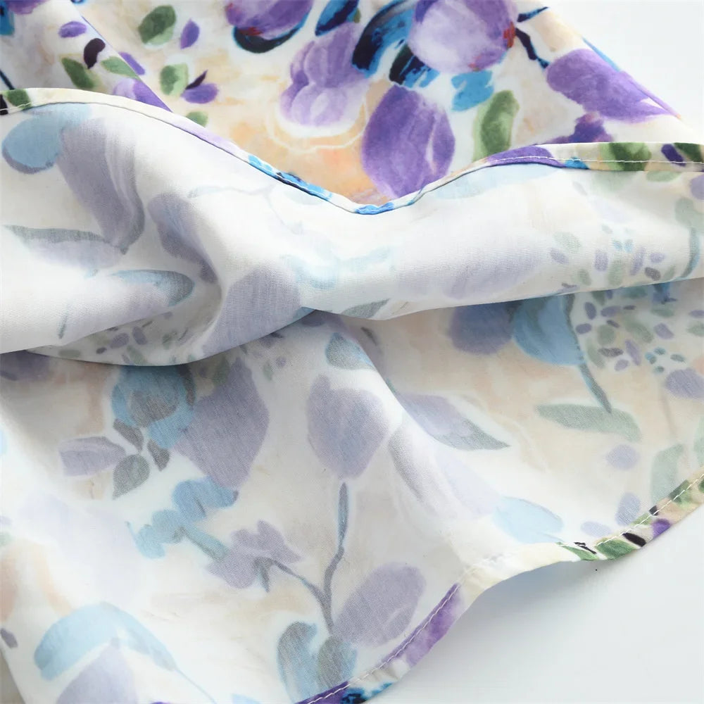 Girls Casual Dresses Purple Flower Print Lace Lapel Puff Sleeves