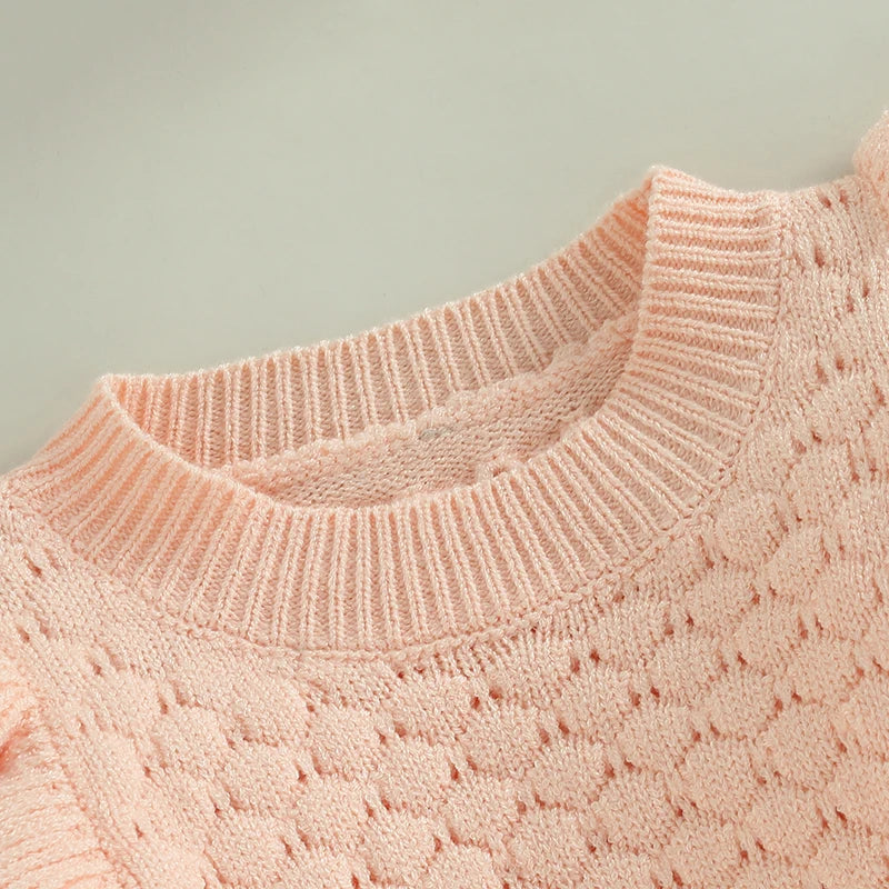 Adorable Baby Girls Knitted Ruffle Romper with Long Sleeves Solid Color