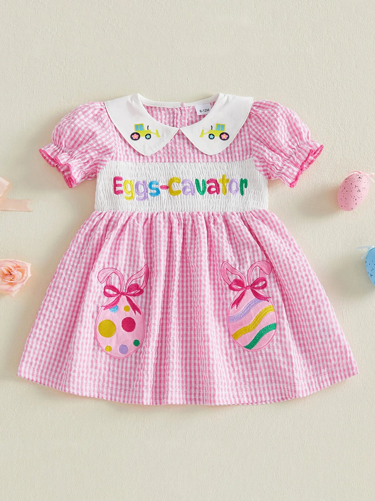 Little Girls Easter Dress Summer Short Sleeve Doll Collar Egg Letter Embroidery Plaid Dress