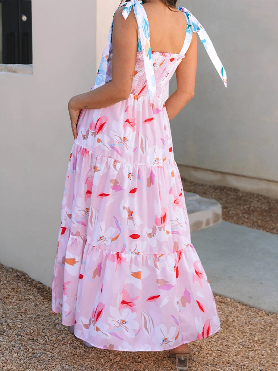 Women s Boho V-Neck Maxi Dress with Ruffle Hem and Adjustable Spaghetti Straps