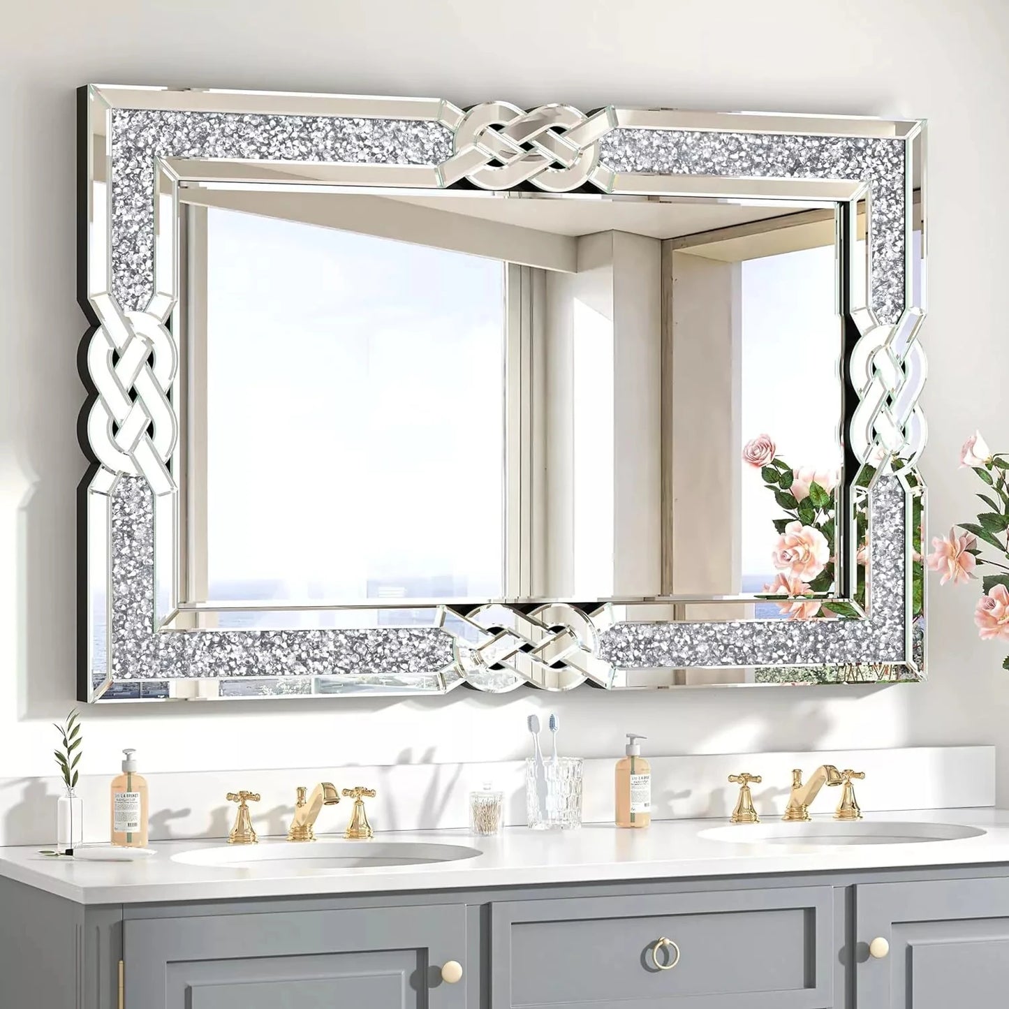Wisfor Crushed Diamond Wall Mirror Rectangular Glass Silver Vanity