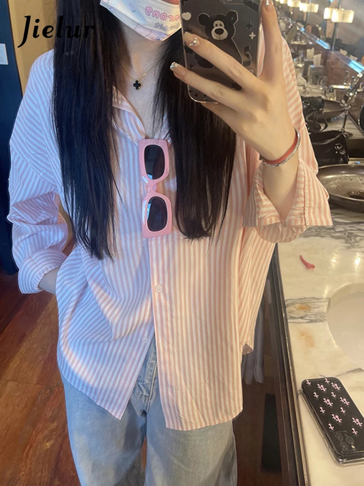 Jielur Spring Pink Striped Women's Shirts Summer Loose Blue Pockets