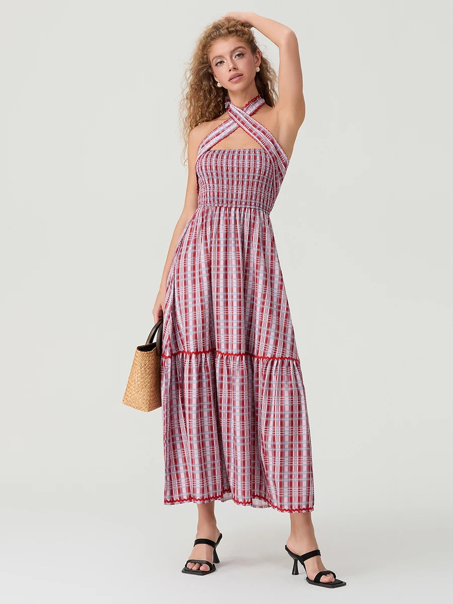 Women s Sleeveless Halter Neck Maxi Dress with Open Back