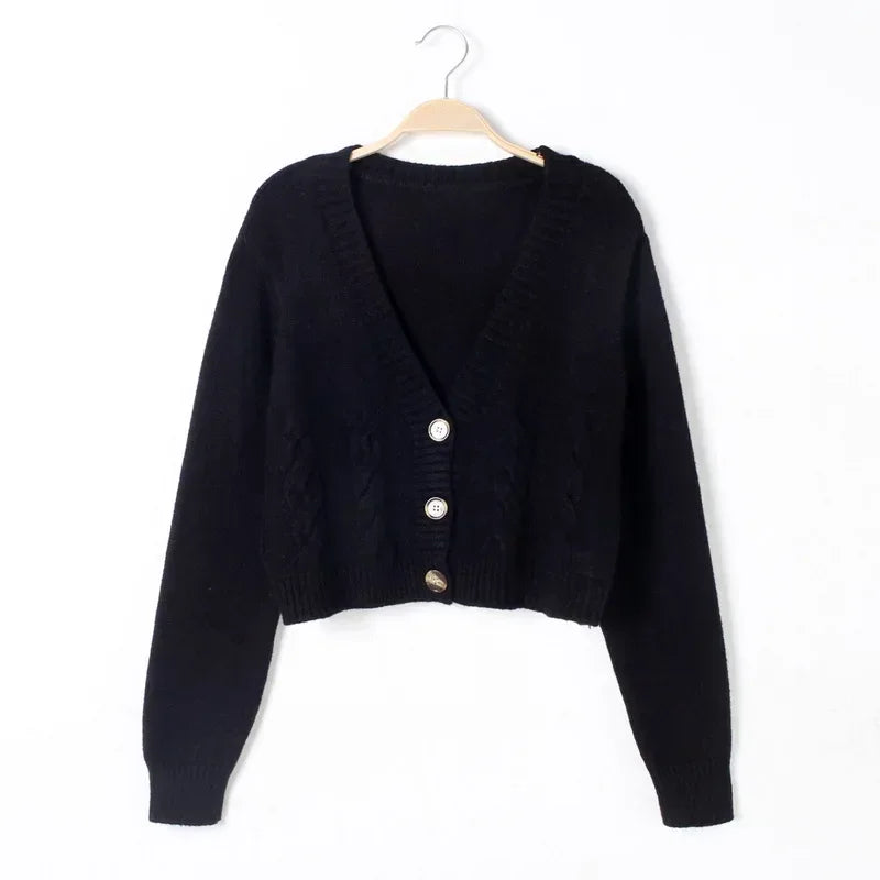 Women Long-Sleeve Cardigan Knitted Sweater Open Stitch V-Neck