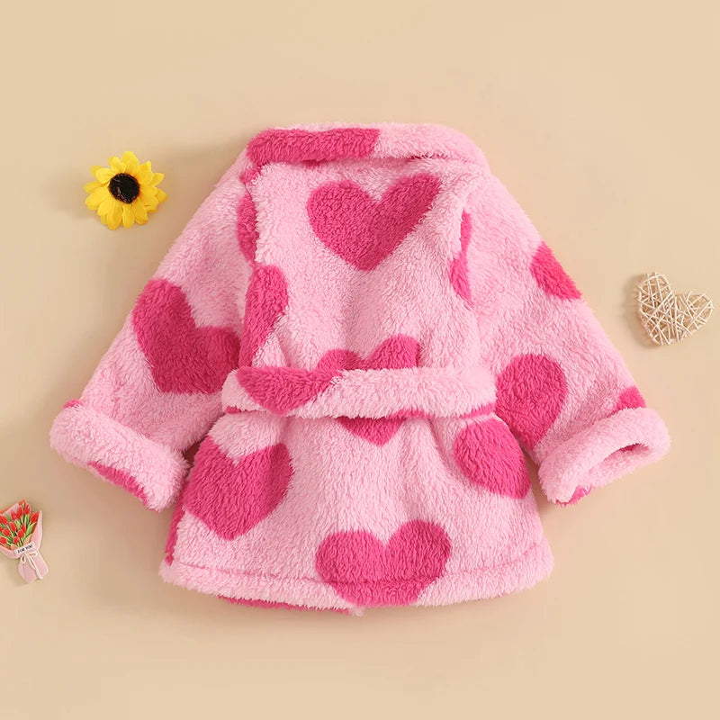 Valentine s Day Toddler Girls Heart Print Fleece Bathrobe with Tie Waist and Long Sleeves -