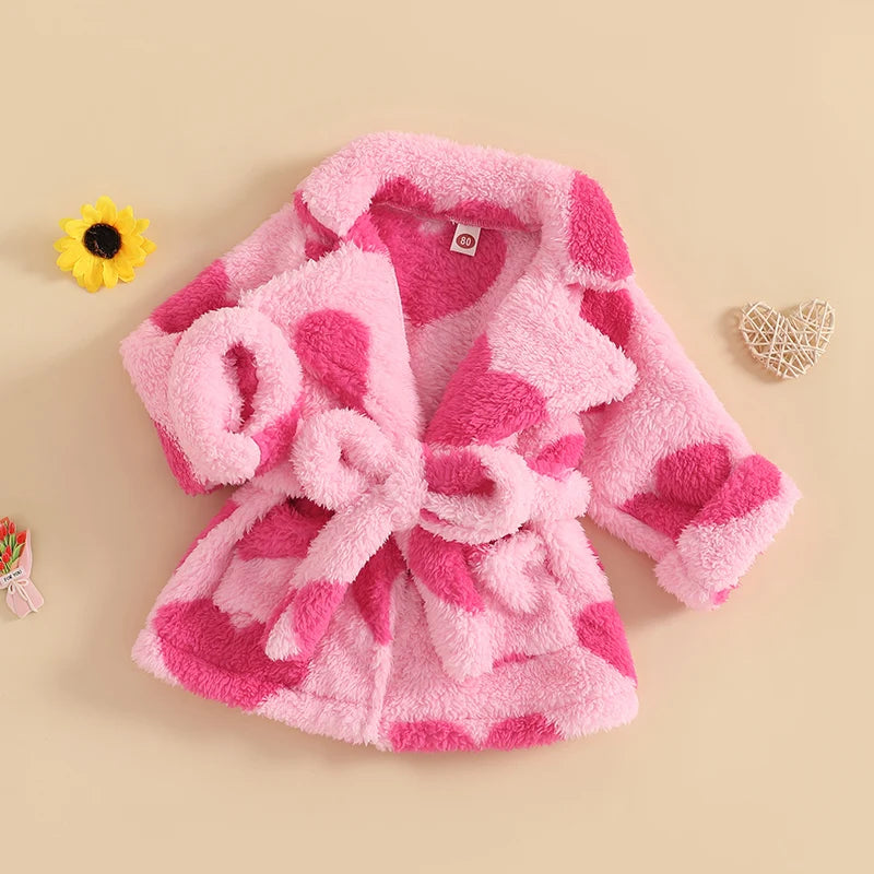 Valentine s Day Toddler Girls Heart Print Fleece Bathrobe with Tie Waist and Long Sleeves -