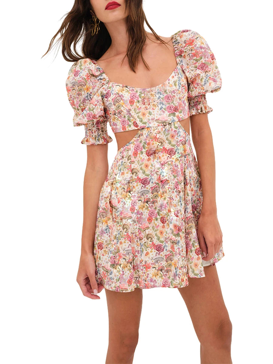 Women s Summer Floral Print Dress Short Puff  Square Neck Cutout Waist