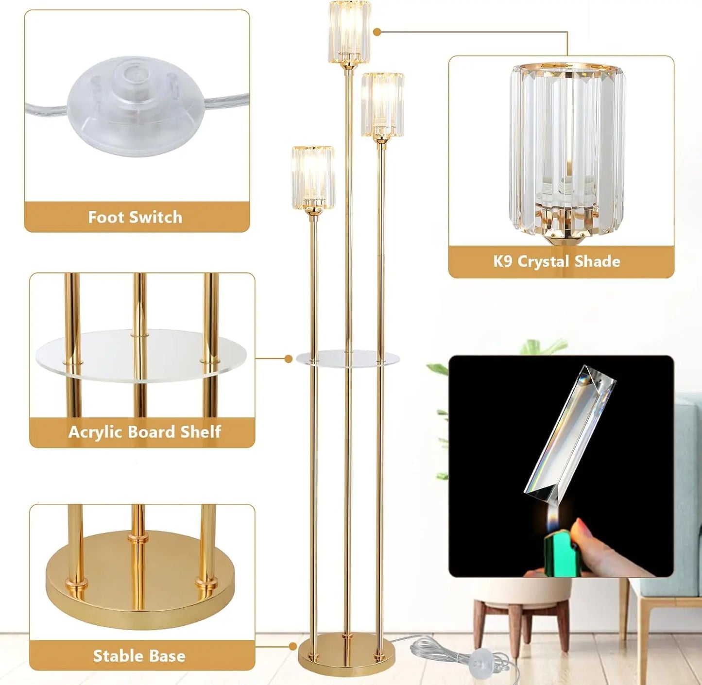 Crystal Floor Lamp With Shelves Rechargeable Battery Powered